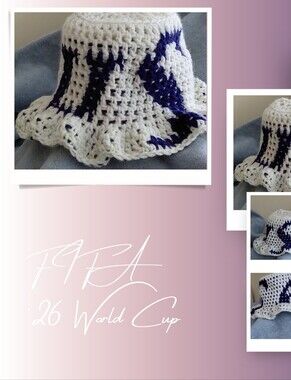 Handmade White Crochet Bucket Hat with Navy Accent (USA abbreviation)